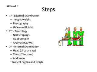Steps
• 1st
- External Examination
– height/weight
– Photography
– UV exam (fluids)
• 2nd
- Toxicology
– Nail scrapings
– Fluid samples
– Analysis (GC/MS)
• 3rd
- Internal Examination
– Head (circular saw)
– Chest (Y incision)
– Abdomen
* Inspect organs and weigh
Write all !
 