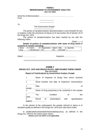 FORM 6
MEMORANDUM TO GOVERNMENT ANALYST)
[See rule 10(2)]
Serial No of Memorandum ……………………………………………….
From
-----------------------
-----------------------
To
The Government Analyst
--------------------------------
The portion of sample/container described below is sent herewith for test
or analysis under the provisions of clause (i) of sub-section (3) of Section 19 of
the Drugs Act, 1976.
The portion of sample/container has been marked by me with the
following marks.
(Seal---------)
Details of portion of sample/container with name of drug which it
purports to contain including;
Name of
drug
Name of
manufacturer
Registration
No
Batch
No
Mfg &
Exp date
Quantity
Dated ………………… Inspector……………….
=================================================
FORM 7
DRUGS ACT, 1976 AND DRUGS RULES, 1988 FRAMED THERE UNDER
[See rule (11)(1)]
Report of Test/Analysis by Government Analyst, Punjab
1. Name of Inspector of Drugs from whom received
…………………
2. Serial Number and date of Inspectors memorandum
……………….
3. Date of
receipt……………………………………………………….
4. Name of Drug purporting to be contained in the sample
……………
5. The condition of the
seals……………………………………………
6. Result of test/analysis with specifications
applied………………….
In the opinion of the undersigned, the sample referred to above is of
standard quality as defined in the Drugs Act, 1976 and rules there-under;
Is adulterated/substandard/misbranded/spurious, as defined in the
Drugs Act, 1976 for the reason given above.
(Please score out which is not applicable)
15
 