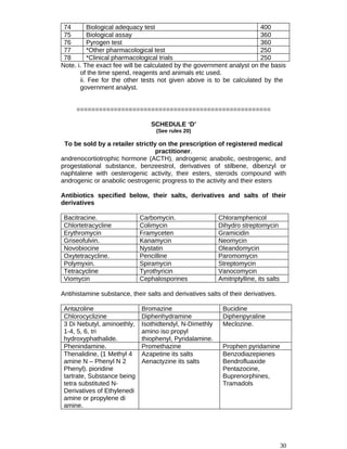 74 Biological adequacy test 400
75 Biological assay 360
76 Pyrogen test 360
77 *Other pharmacological test 250
78 *Clinical pharmacological trials 250
Note. i. The exact fee will be calculated by the government analyst on the basis
of the time spend, reagents and animals etc used.
ii. Fee for the other tests not given above is to be calculated by the
government analyst.
====================================================
SCHEDULE ‘D’
(See rules 20)
To be sold by a retailer strictly on the prescription of registered medical
practitioner.
andrenocortiotrophic hormone (ACTH), androgenic anabolic, oestrogenic, and
progestational substance, benzeestrol, derivatives of stilbene, dibenzyl or
naphtalene with oesterogenic activity, their esters, steroids compound with
androgenic or anabolic oestrogenic progress to the activity and their esters
Antibiotics specified below, their salts, derivatives and salts of their
derivatives
Bacitracine. Carbomycin. Chloramphenicol
Chlortetracycline Colimycin Dihydro streptomycin
Erythromycin Framyceten Gramicidin
Griseofulvin. Kanamycin Neomycin
Novobiocine Nystatin Oleandomycin
Oxytetracycline. Pencilline Paromomycin
Polymyxin. Spiramycin Streptomycin
Tetracycline Tyrothyricin Vanocomycin
Viomycin Cephalosporines Amitriptylline, its salts
Antihistamine substance, their salts and derivatives salts of their derivatives.
Antazoline Bromazine Bucidine
Chlorocyclizine Diphenhydramine Diphenpyraline
3 Di Nebutyl, aminoethly,
1-4, 5, 6, tri
hydroxyphathalide.
Isothidtendyl, N-Dimethly
amino iso propyl
thiophenyl, Pyridalamine.
Meclozine.
Phenindamine. Promethazine Prophen pyridamine
Thenalidine, (1 Methyl 4
amine N – Phenyl N 2
Phenyl). pioridine
tartrate, Substance being
tetra substituted N-
Derivatives of Ethylenedi
amine or propylene di
amine.
Azapetine its salts
Aenactyzine its salts
Benzodiazepienes
Bendrofluaxide
Pentazocine,
Buprenorphines,
Tramadols
30
 