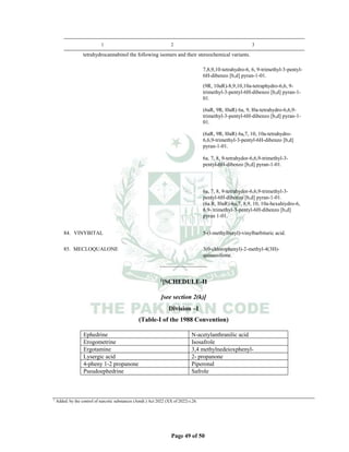 Page 49 of 50
1 2 3
tetrahydrocannabinol the following isomers and their stereochemical variants.
7,8,9,10-tetrahydro-6, 6, 9-trimethyl-3-pentyl-
6H-dibenzo [b,d] pyran-1-01.
(9R, 10aR)-8,9,10,10a-tetraphydro-6,6, 9-
trimethyl-3-pentyl-6H-dibenzo [b,d] pyran-1-
01.
(6aR, 9R, l0aR) 6a, 9, l0a-tetrahydro-6,6,9-
trimethyl-3-pentyl-6H-dibenzo [b,d] pyran-1-
01.
(6aR, 9R, l0aR) 6a,7, 10, 10a-tetrahydro-
6,6,9-trimethyl-3-pentyl-6H-dibenzo [b,d]
pyran-1-01.
6a. 7, 8, 9-tetrahydor-6,6,9-trimethyl-3-
pentyl-6H-dibenzo [b,d] pyran-1-01.
6a, 7, 8, 9-tetrahydor-6,6,9-trimethyl-3-
pentyl-6H-dibenzo [b,d] pyran-1-01.
(6a R, I0aR)-6a,7, 8,9, 10, 10a-hexahiydro-6,
6,9- trimethyl-3-pentyl-6H-dibenzo [b,d]
pyran 1-01.
84. VINYBITAL 5-(l-methylbutyl)-vinylbarbituric acid.
85. MECLOQUALONE 3(0-chlorophenyl)-2-methyl-4(3H)-
quinazolione.
______________________
1[SCHEDULE-II
[see section 2(k)]
Division –I
(Table-I of the 1988 Convention)
Ephedrine N-acetylanthranilic acid
Erogometrine Isosafrole
Ergotamine 3,4 methylnedeioxphenyl-
Lysergic acid 2- propanone
4-pheny 1-2 propanone Piperonal
Pseudoephedrine Safrole
1
Added. by the control of narcotic substances (Amdt.) Act 2022 (XX of 2022) s.26.
 