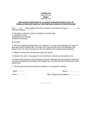 SCHEDULE A
[See rule 2 (e)]
Form 1
[See rule 5 (/)]
APPLICATION FORM GRANT OF A LICENCE TO MANUFACTURE BY WAY OF
FORMULATION/BASIC MANUFACTURE/SEMI-BASIC MANUFACTURE/REPACKING
I/We ...........of .........hereby apply for the grant of a licence to manufacture by way of........................on
premises situated at ...................
2. The drug(s) or class(es) of drugs intended to be manufactured :-
(1) Class(es) of drugs.
(2) Dosage form(s) of drugs.
(3) Name of the drug(s).
3. I enclose :-
(i) Particulars regarding the legal status of the applicant (i.e. in case of proprietorship the names) of
proprietors and their address (es), in the case of firm the name and names and addresses of its
partners and in the case of company the name and address of the company and its directors).
(ii) Details of the premises including layout plan of the factory.
(iii) Details of the section-wise equipment and machinery for manufacture and quality control.
(iv) Names and qualifications of the Production Incharge and Quality Control Incharge for supervising
manufacturing processes and Quality Control Department, and other technical staff working in these
departments.
4. The premises and plan will be ready for inspectionon or are ready for inspection.
Dated.................. Signed……………………
Place.................... Name, designation and address ........................
-----------------------
 
