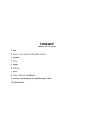 SCHEDULE C
[See rule 16(c) (iii) and (e)]
1. Sera.
2. Solution of serum proteins intended for injunction.
3. Vaccines.
4. Toxins.
5. Antigen.
6. Antitoxins.
7. Insulin.
8. Pituitary (Posterior Lobe) Extract.
9. Sterilized surgical lignature and sterilized surgical suture.
10. Bacteriophages.
 