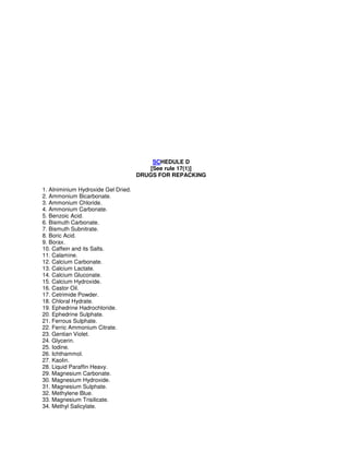 SCHEDULE D
[See rule 17(1)]
DRUGS FOR REPACKING
1. Alniminium Hydroxide Gel Dried.
2. Ammonium Bicarbonate.
3. Ammonium Chloride.
4. Ammonium Carbonate.
5. Benzoic Acid.
6. Bismuth Carbonate.
7. Bismuth Subnitrate.
8. Boric Acid.
9. Borax.
10. Caffein and its Salts.
11. Calamine.
12. Calcium Carbonate.
13. Calcium Lactate.
14. Calcium Gluconate.
15. Calcium Hydroxide.
16. Castor Oil.
17. Cetrimide Powder.
18. Chloral Hydrate.
19. Ephedrine Hadrochloride.
20. Ephedrine Sulphate.
21. Ferrous Sulphate.
22. Ferric Ammonium Citrate.
23. Gentian Violet.
24. Glycerin.
25. Iodine.
26. Ichthammol.
27. Kaolin.
28. Liquid Paraffin Heavy.
29. Magnesium Carbonate.
30. Magnesium Hydroxide.
31. Magnesium Sulphate.
32. Methylene Blue.
33. Magnesium Trisilicate.
34. Methyl Salicylate.
 