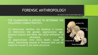 FORENSIC ANTHROPOLOGY
• THE EXAMINATION IS APPLIED TO DETERMINE THE
FOLLOWING CHARACTERISTICS:
•
(1) Determine whether the skeleton is human.
(2) Determine the gender, approximate age,
physical stature and likely the racial affiliation of
the deceased, and,
(3) Approximate time since death, cause of
death, identifying wounds or illnesses that can be
could be traced in the bone structure.
BY: CHELDY SYGACO ELUMBA-PABLEO,MPA,LLB
 