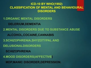 ICD-10 BY WHO(1992)
CLASSIFICATION OF MENTAL AND BEHAVIOURAL
DISORDERS
1.ORGANIC MENTAL DISORDERS
DELERIUM,DEMENTIA
2.MENTAL DISORDERS DUE TO SUBSTANCE ABUSE
ALCOHOL,COCAINE,CANNABIS
3.SCHIZOPHRENIA,SHYZOTYPAL AND
DELUSIONALDISORDERS
SCHIZOPHRENIA
4.MOOD DISORDERS(AFFECTIVE)
MDP,MANIC DISORDER,DEPRESSION.
 