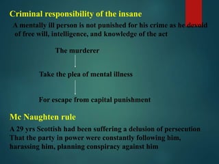 Criminal responsibility of the insane
A mentally ill person is not punished for his crime as he devoid
of free will, intelligence, and knowledge of the act
The murderer
Take the plea of mental illness
For escape from capital punishment
Mc Naughten rule
A 29 yrs Scottish had been suffering a delusion of persecution
That the party in power were constantly following him,
harassing him, planning conspiracy against him
 