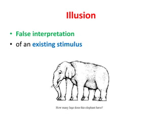 Illusion
• False interpretation
• of an existing stimulus
 