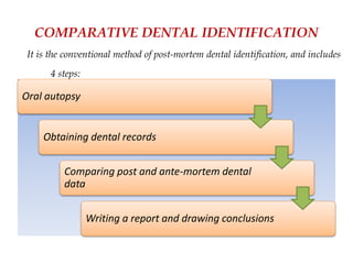COMPARATIVE DENTAL IDENTIFICATION
Oral autopsy
Obtaining dental records
Comparing post and ante-mortem dental
data
Writing a report and drawing conclusions
It is the conventional method of post-mortem dental identification, and includes
4 steps:
 