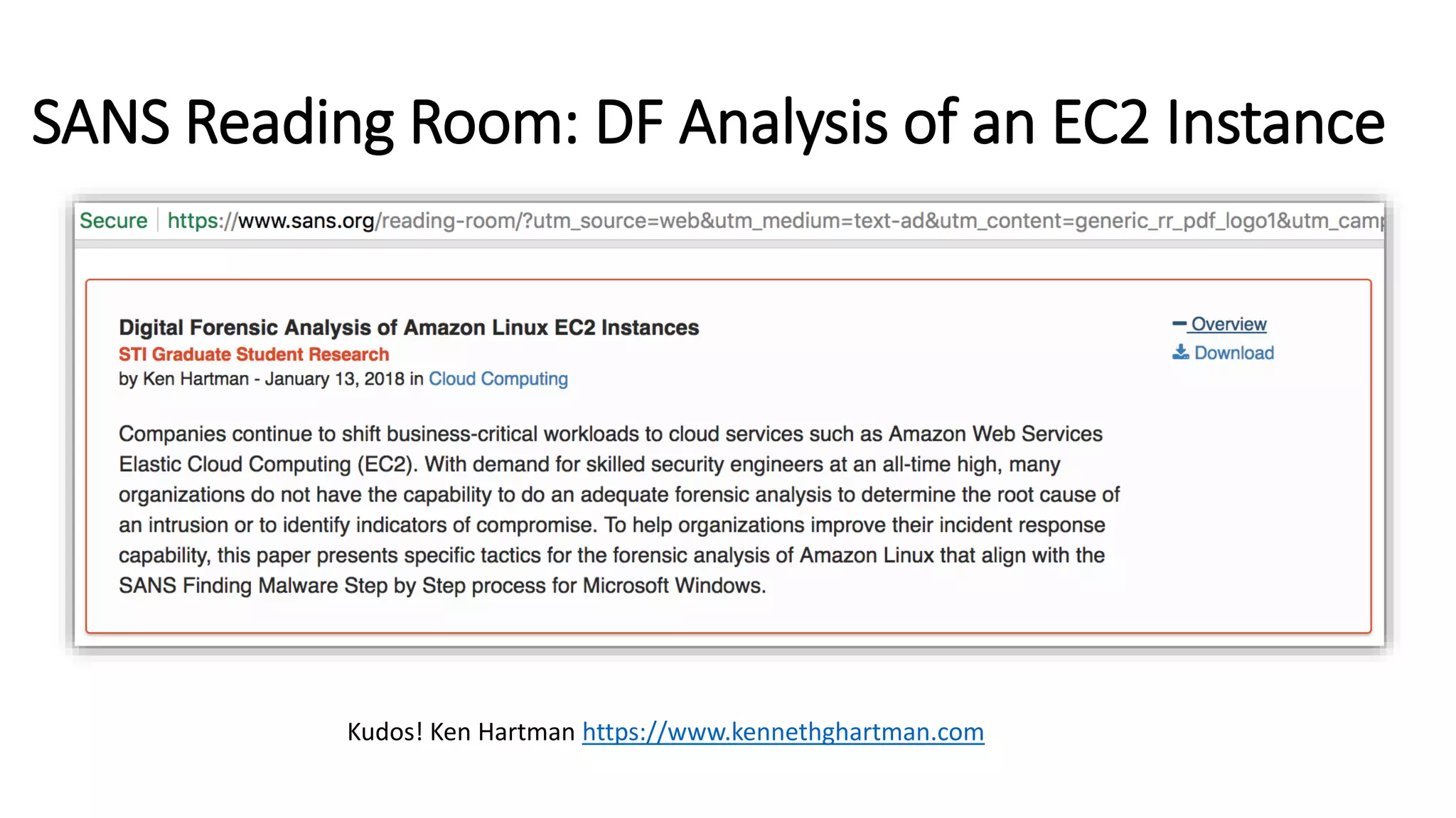 SANS Reading Room: DF Analysis of an EC2 Instance
Kudos! Ken Hartman https://www.kennethghartman.com
 