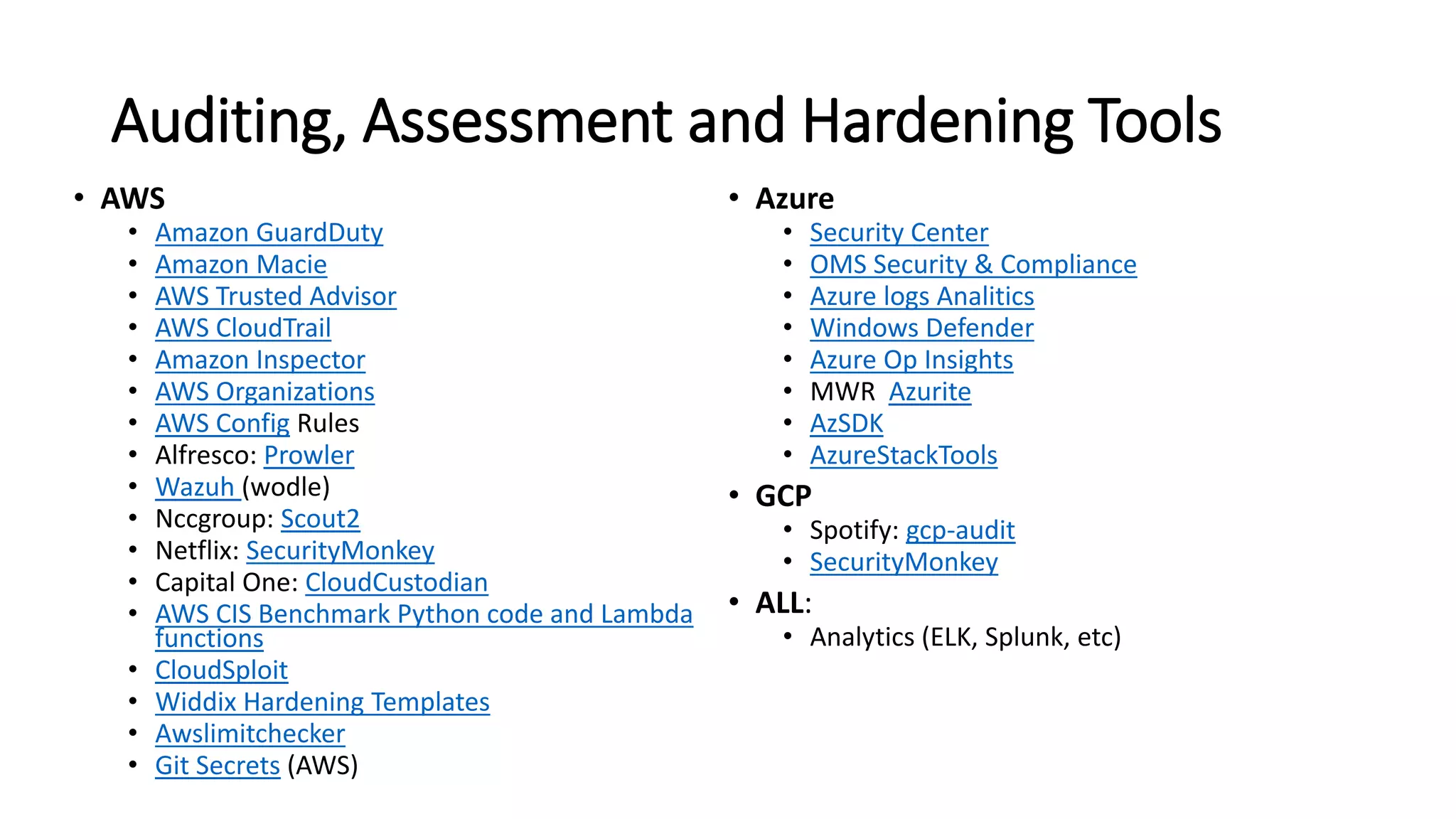 Auditing, Assessment and Hardening Tools
• AWS
• Amazon GuardDuty
• Amazon Macie
• AWS Trusted Advisor
• AWS CloudTrail
• Amazon Inspector
• AWS Organizations
• AWS Config Rules
• Alfresco: Prowler
• Wazuh (wodle)
• Nccgroup: Scout2
• Netflix: SecurityMonkey
• Capital One: CloudCustodian
• AWS CIS Benchmark Python code and Lambda
functions
• CloudSploit
• Widdix Hardening Templates
• Awslimitchecker
• Git Secrets (AWS)
• Azure
• Security Center
• OMS Security & Compliance
• Azure logs Analitics
• Windows Defender
• Azure Op Insights
• MWR Azurite
• AzSDK
• AzureStackTools
• GCP
• Spotify: gcp-audit
• SecurityMonkey
• ALL:
• Analytics (ELK, Splunk, etc)
 