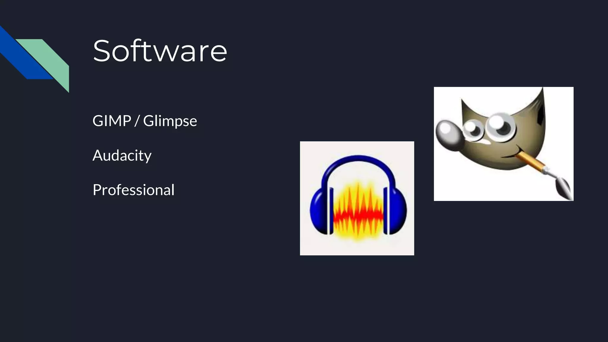 Software
GIMP / Glimpse
Audacity
Professional
 