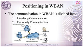 Positioning in WBAN
• The communication in WBAN is divided into:
1. Intra-body Communication
2. Extra-body Communication
26 April 2021 Dr. Piyush Charan, Dept. of ECE, Integral University, Lucknow 11
 