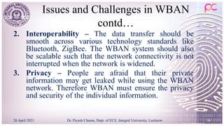 Issues and Challenges in WBAN
contd…
2. Interoperability – The data transfer should be
smooth across various technology standards like
Bluetooth, ZigBee. The WBAN system should also
be scalable such that the network connectivity is not
interrupted when the network is widened.
3. Privacy – People are afraid that their private
information may get leaked while using the WBAN
network. Therefore WBAN must ensure the privacy
and security of the individual information.
26 April 2021 Dr. Piyush Charan, Dept. of ECE, Integral University, Lucknow 34
 