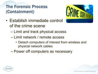 © 2013 nCircle. All Rights Reserved.
The Forensic Process
(Containment)
• Establish immediate control
of the crime scene
– Limit and track physical access
– Limit network / remote access
• Detach computers of interest from wireless and
physical network cables
– Power off computers as necessary
 