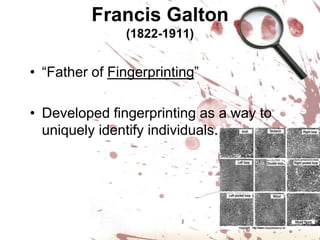 Francis Galton(1822-1911)“Father of Fingerprinting”Developed fingerprinting as a way to uniquely identify individuals.