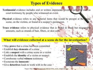 Types of EvidenceTestimonial evidence includes oral or written statements given to police as well as court testimony by people who witnessed an event. Physical evidence refers to any material items that would be present at the crime scene, on the victims, or found in a suspect’s possession. Trace evidence refers to physical evidence that is found in small but measurable amounts, such as strands of hair, fibers, or skin cells.What will evidence collected at a scene do for the investigation?May prove that a crime has been committed