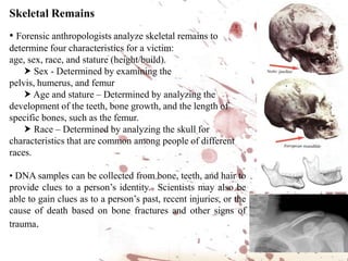 Explosives•  Explosive substances can be examined to determine its chemical composition to identify the type of explosive used and its origin. • Traces of explosives found on a suspect’s clothing, skin, hair, or other objects may be matched to explosives from the crime scene. Materials used to make an explosive device will be compared to evidence found in the suspect’s possession to confirm a match. Image: http://www.state.nj.us/njsp/divorg/invest/criminalistics.html