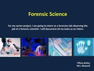 Forensic Science
For my senior project, I am going to intern at a forensics lab observing the
   job of a forensic scientist. I will document all my tasks as an intern.




                                                                 Tiffany Bailey
                                                                 Mrs. Maxwell
 