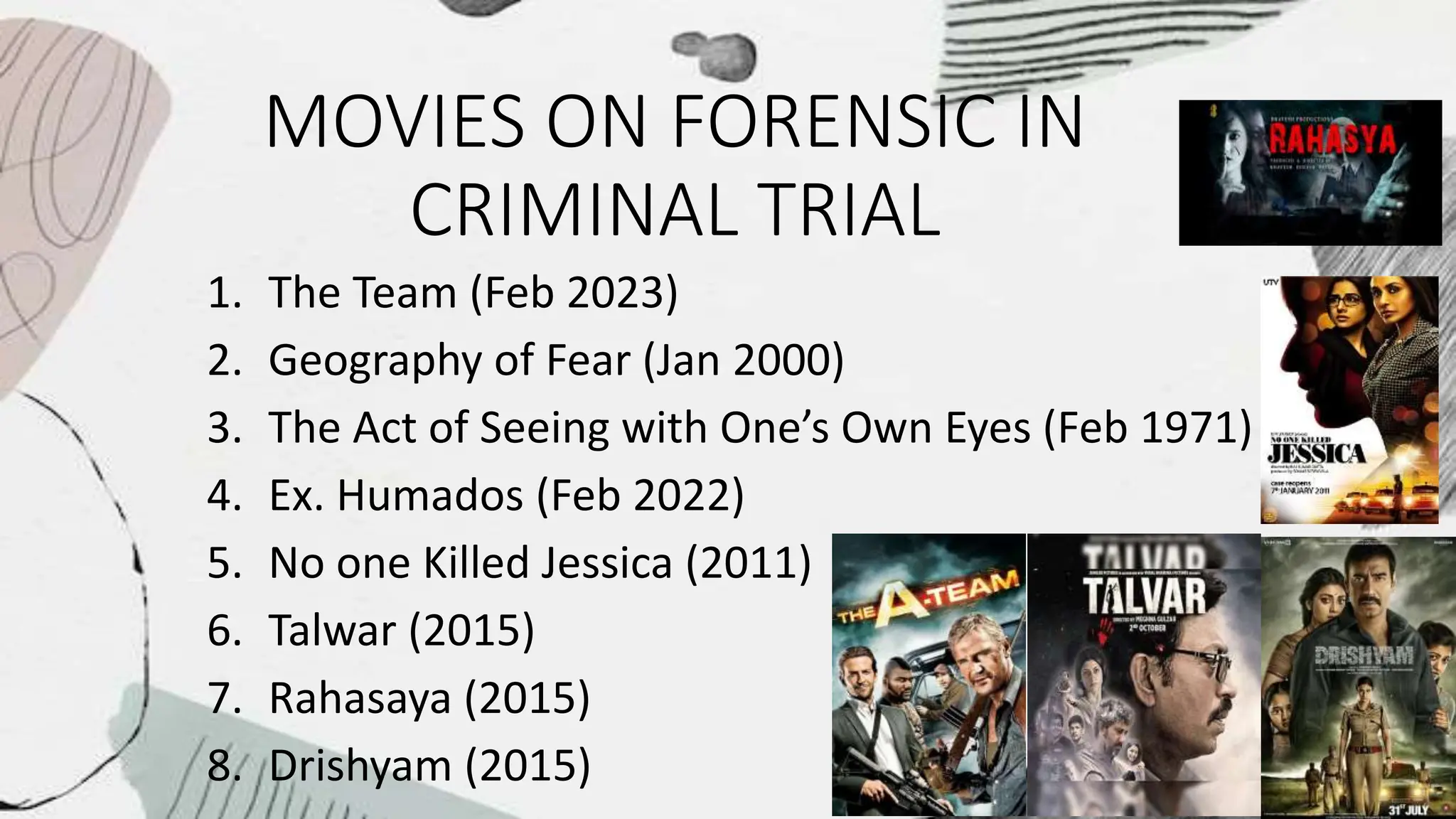 MOVIES ON FORENSIC IN
CRIMINAL TRIAL
1. The Team (Feb 2023)
2. Geography of Fear (Jan 2000)
3. The Act of Seeing with One’s Own Eyes (Feb 1971)
4. Ex. Humados (Feb 2022)
5. No one Killed Jessica (2011)
6. Talwar (2015)
7. Rahasaya (2015)
8. Drishyam (2015)
 