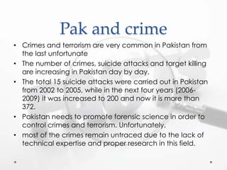 Pak and crime
• Crimes and terrorism are very common in Pakistan from
the last unfortunate
• The number of crimes, suicide attacks and target killing
are increasing in Pakistan day by day.
• The total 15 suicide attacks were carried out in Pakistan
from 2002 to 2005, while in the next four years (2006-
2009) it was increased to 200 and now it is more than
372.
• Pakistan needs to promote forensic science in order to
control crimes and terrorism. Unfortunately,
• most of the crimes remain untraced due to the lack of
technical expertise and proper research in this field.
 