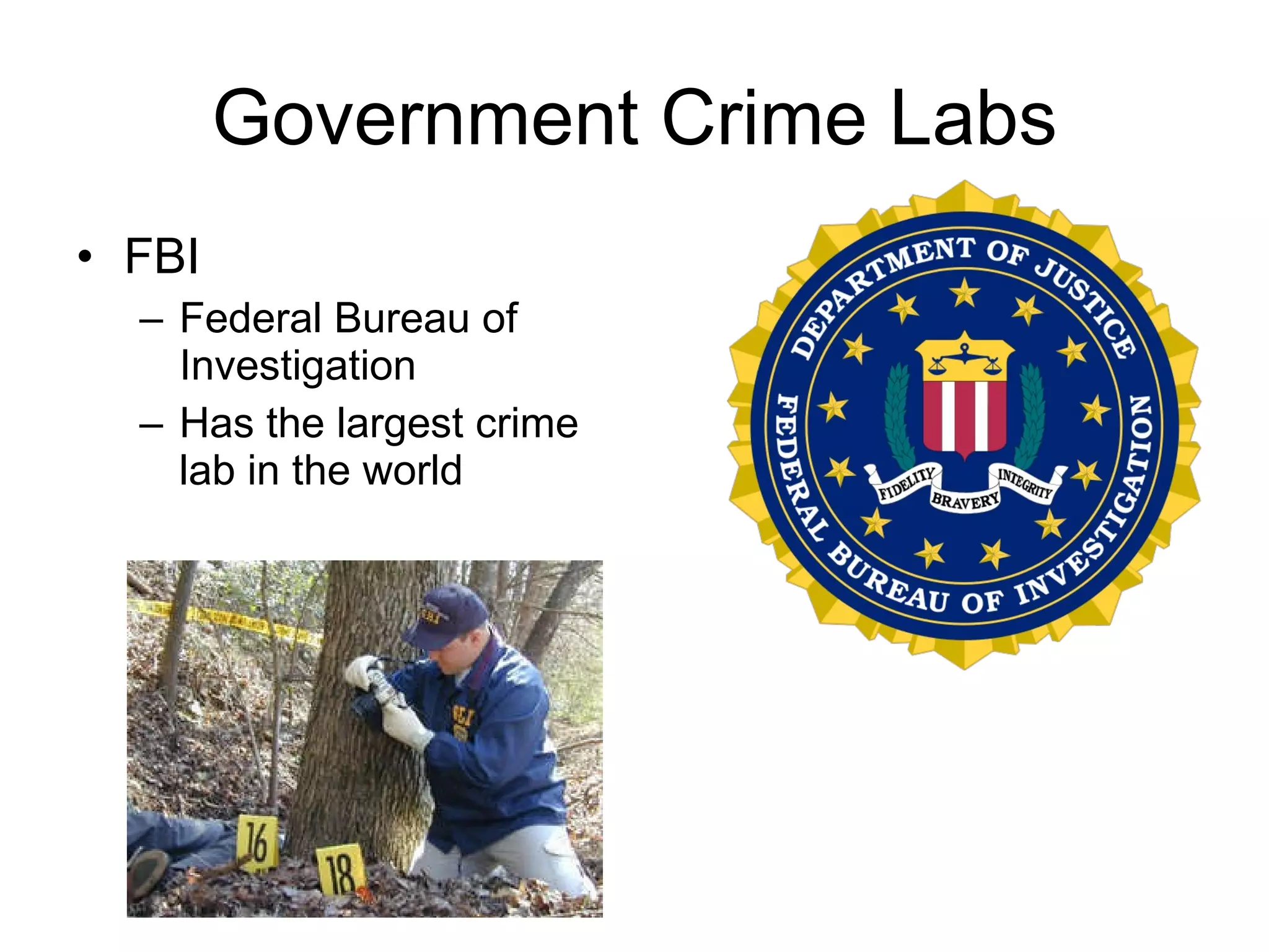Government Crime Labs FBI Federal Bureau of Investigation Has the largest crime lab in the world 