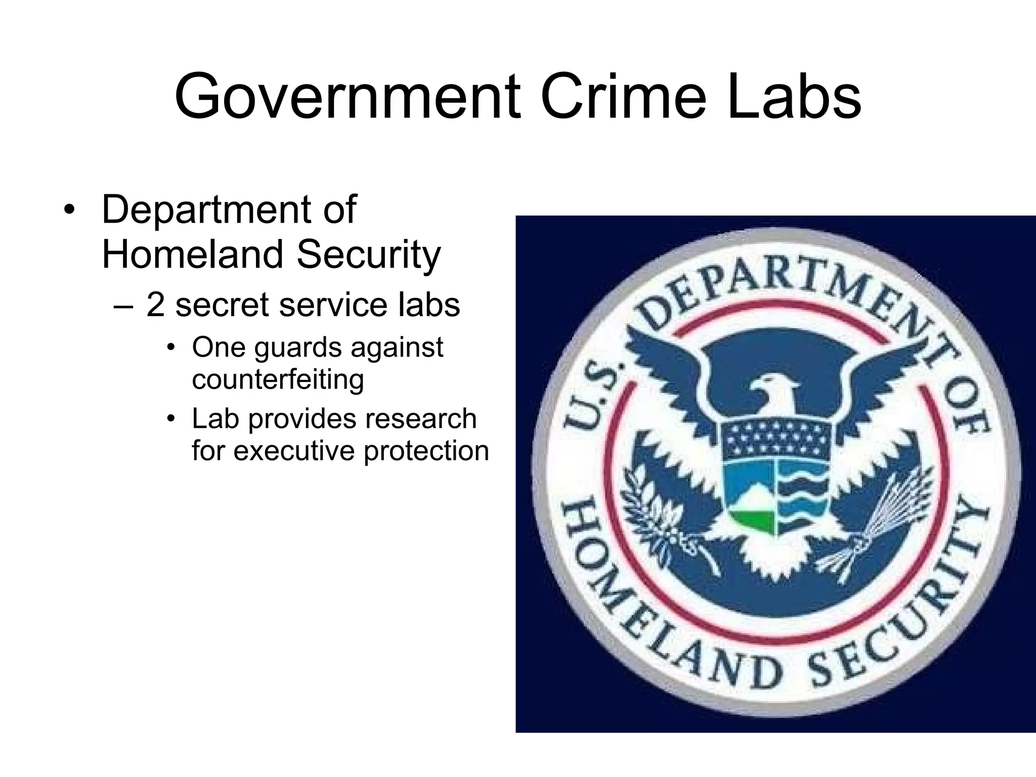Government Crime Labs Department of Homeland Security 2 secret service labs One guards against counterfeiting Lab provides research for executive protection 