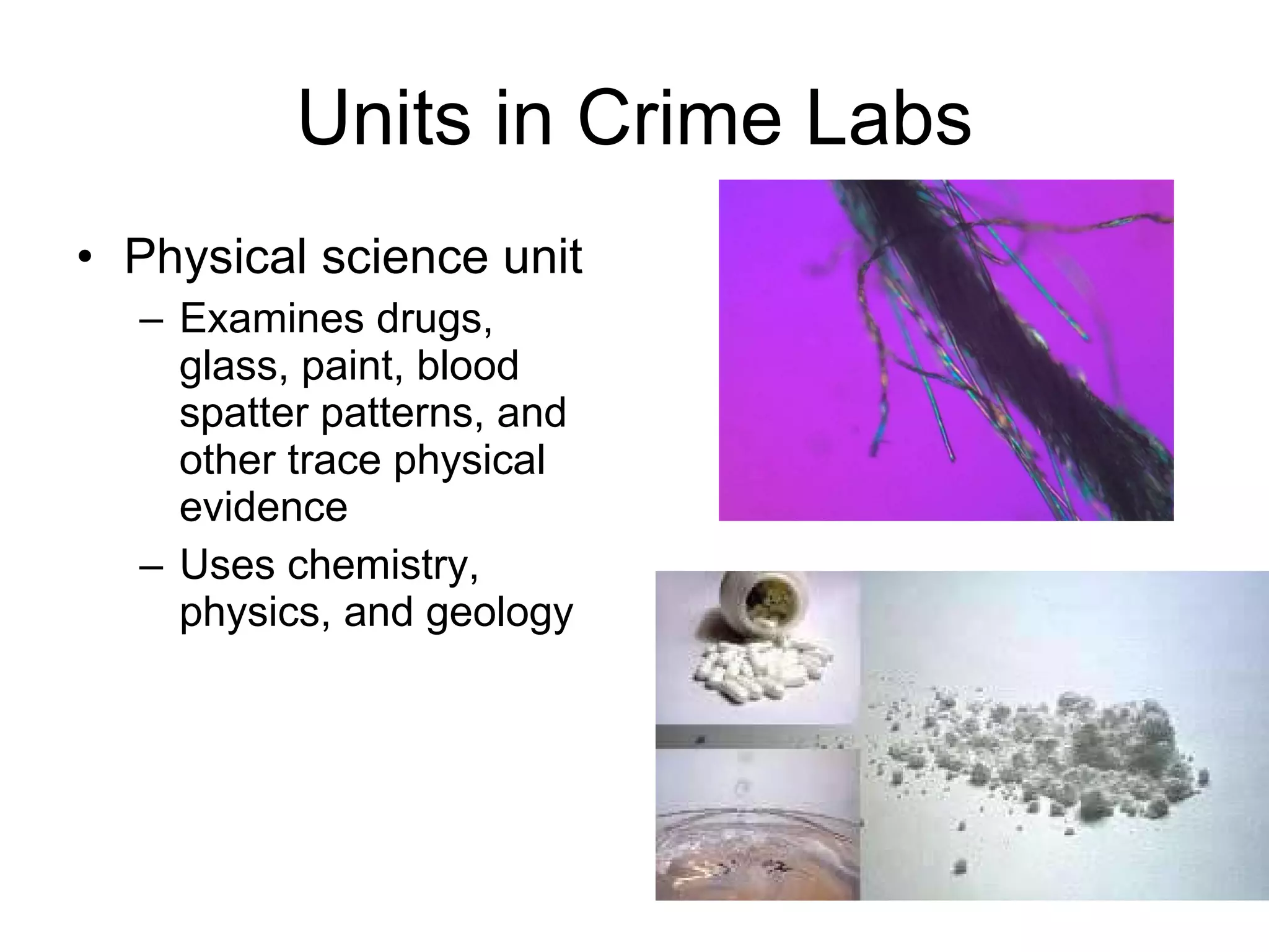 Units in Crime Labs Physical science unit Examines drugs, glass, paint, blood spatter patterns, and other trace physical evidence Uses chemistry, physics, and geology 
