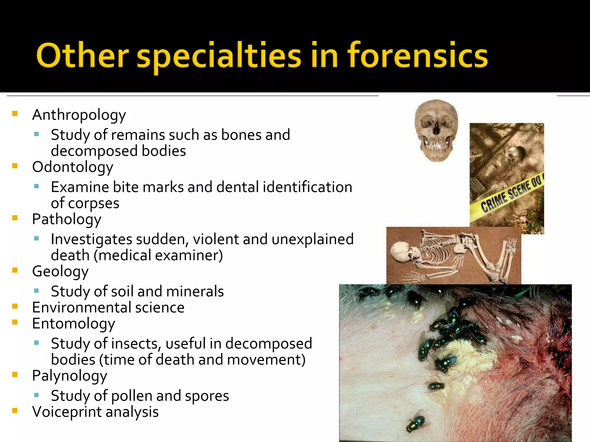 Anthropology Study of remains such as bones and decomposed bodies  Odontology Examine bite marks and dental identification of corpses Pathology Investigates sudden, violent and unexplained death (medical examiner) Geology Study of soil and minerals Environmental science Entomology Study of insects, useful in decomposed bodies (time of death and movement) Palynology Study of pollen and spores Voiceprint analysis 