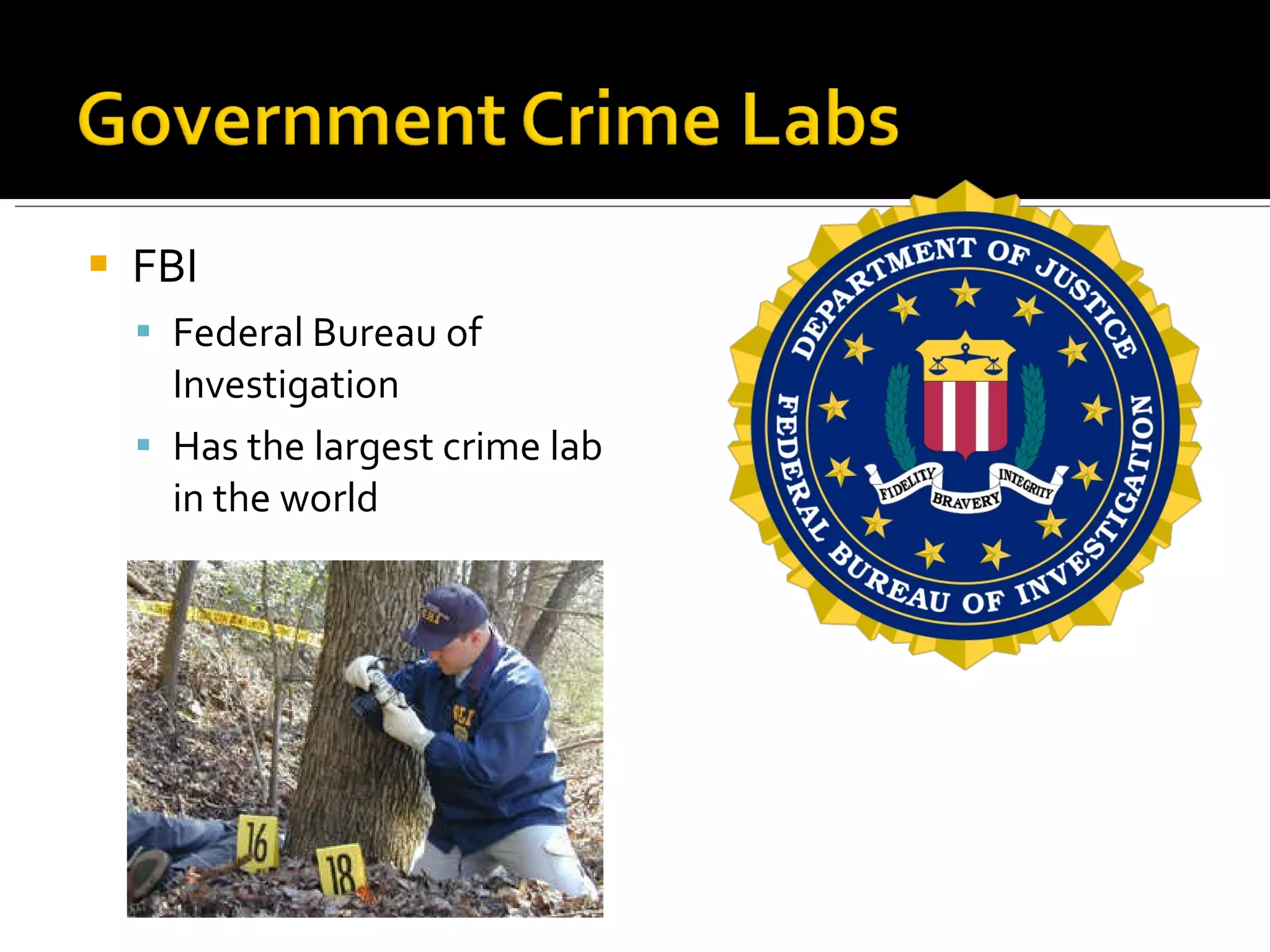 FBI Federal Bureau of Investigation Has the largest crime lab in the world 