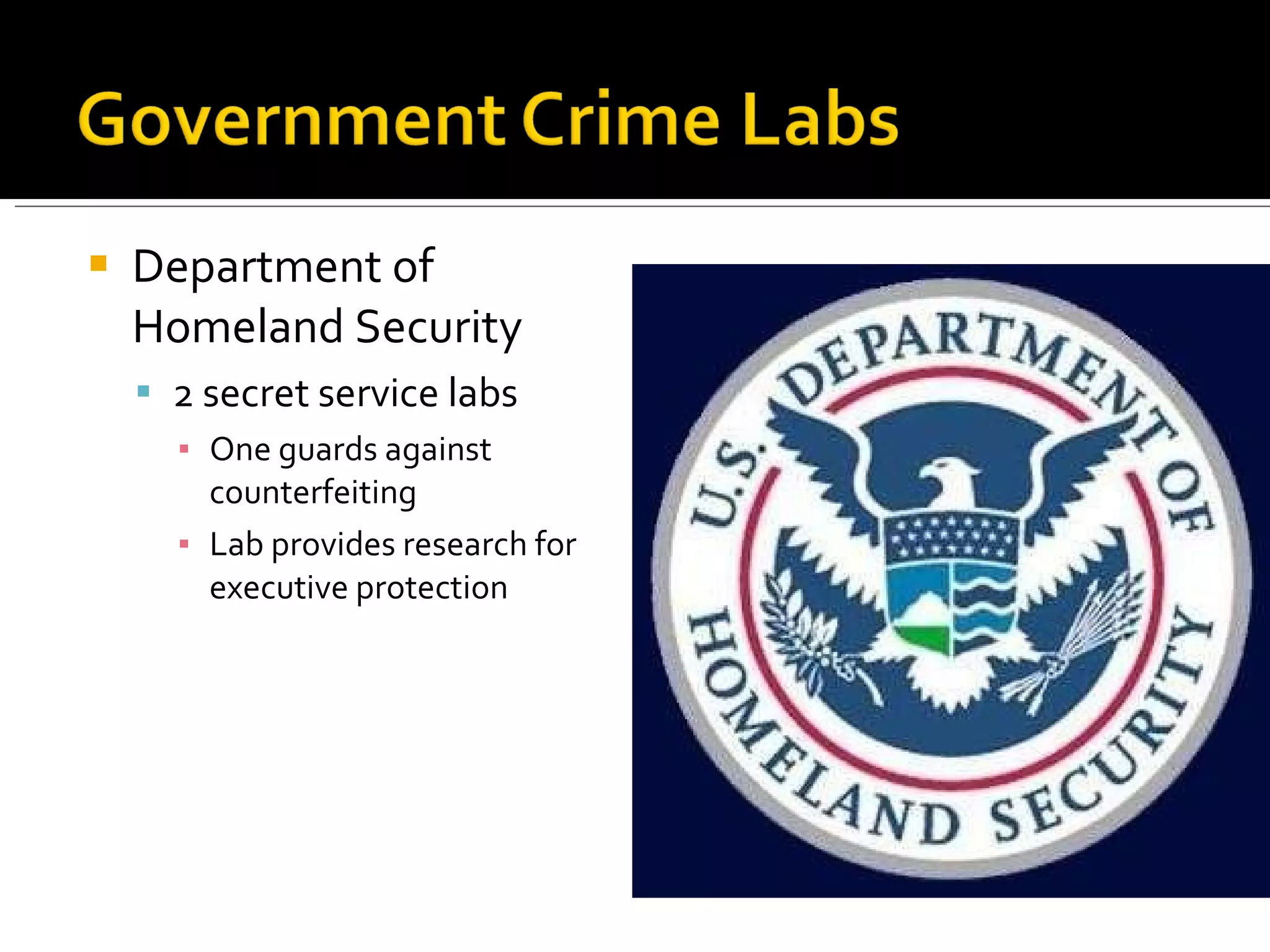 Department of Homeland Security 2 secret service labs One guards against counterfeiting Lab provides research for executive protection 