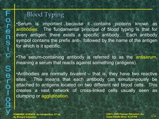 8-10
©2011, 2008 Pearson Education, Inc.
Upper Saddle River, NJ 07458
FORENSIC SCIENCE: An Introduction, 2nd
ed.
By Richard Saferstein 8-10
©2011, 2008 Pearson Education, Inc.
Upper Saddle River, NJ 07458
FORENSIC SCIENCE: An Introduction, 2nd
ed.
By Richard Saferstein
Blood TypingBlood Typing
•Serum is important because it contains proteins known as
antibodies. The fundamental principal of blood typing is that for
every antigen, there exists a specific antibody. Each antibody
symbol contains the prefix anti-, followed by the name of the antigen
for which is it specific.
•The serum-containing antibody is referred to as the antiserum,
meaning a serum that reacts against something (antigens).
•Antibodies are normally bivalent – that is, they have two reactive
sites. This means that each antibody can simultaneously be
attached to antigens located on two different red blood cells. This
creates a vast network of cross-linked cells usually seen as
clumping or agglutination.
 