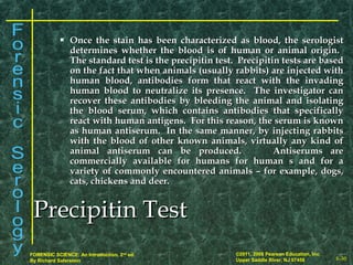 8-30
©2011, 2008 Pearson Education, Inc.
Upper Saddle River, NJ 07458
FORENSIC SCIENCE: An Introduction, 2nd
ed.
By Richard Saferstein
 Once the stain has been characterized as blood, the serologistOnce the stain has been characterized as blood, the serologist
determines whether the blood is of human or animal origin.determines whether the blood is of human or animal origin.
The standard test is the precipitin test. Precipitin tests are basedThe standard test is the precipitin test. Precipitin tests are based
on the fact that when animals (usually rabbits) are injected withon the fact that when animals (usually rabbits) are injected with
human blood, antibodies form that react with the invadinghuman blood, antibodies form that react with the invading
human blood to neutralize its presence. The investigator canhuman blood to neutralize its presence. The investigator can
recover these antibodies by bleeding the animal and isolatingrecover these antibodies by bleeding the animal and isolating
the blood serum, which contains antibodies that specificallythe blood serum, which contains antibodies that specifically
react with human antigens. For this reason, the serum is knownreact with human antigens. For this reason, the serum is known
as human antiserum. In the same manner, by injecting rabbitsas human antiserum. In the same manner, by injecting rabbits
with the blood of other known animals, virtually any kind ofwith the blood of other known animals, virtually any kind of
animal antiserum can be produced. Antiserums areanimal antiserum can be produced. Antiserums are
commercially available for humans for human s and for acommercially available for humans for human s and for a
variety of commonly encountered animals – for example, dogs,variety of commonly encountered animals – for example, dogs,
cats, chickens and deer.cats, chickens and deer.
Precipitin TestPrecipitin Test
 