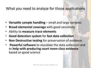 What you need to analyze for those applications
• Versatile sample handling – small and large samples
• Broad elemental coverage with good sensitivity
• Ability to measure trace elements
• Good detection system for fast data collection
• Non Destructive testing for preservation of evidence.
• Powerful software to elucidate the data collection and
to help with producing court room class evidence
based on good science
XRF Sales and Consulting – XRFSCO.com 3
 