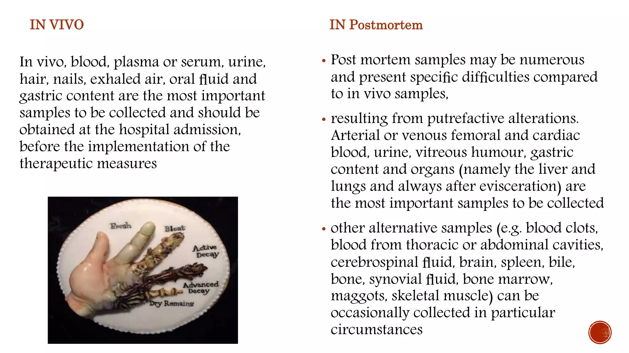 IN VIVO
In vivo, blood, plasma or serum, urine,
hair, nails, exhaled air, oral ﬂuid and
gastric content are the most important
samples to be collected and should be
obtained at the hospital admission,
before the implementation of the
therapeutic measures
IN Postmortem
• Post mortem samples may be numerous
and present speciﬁc difﬁculties compared
to in vivo samples,
• resulting from putrefactive alterations.
Arterial or venous femoral and cardiac
blood, urine, vitreous humour, gastric
content and organs (namely the liver and
lungs and always after evisceration) are
the most important samples to be collected
• other alternative samples (e.g. blood clots,
blood from thoracic or abdominal cavities,
cerebrospinal ﬂuid, brain, spleen, bile,
bone, synovial ﬂuid, bone marrow,
maggots, skeletal muscle) can be
occasionally collected in particular
circumstances
 