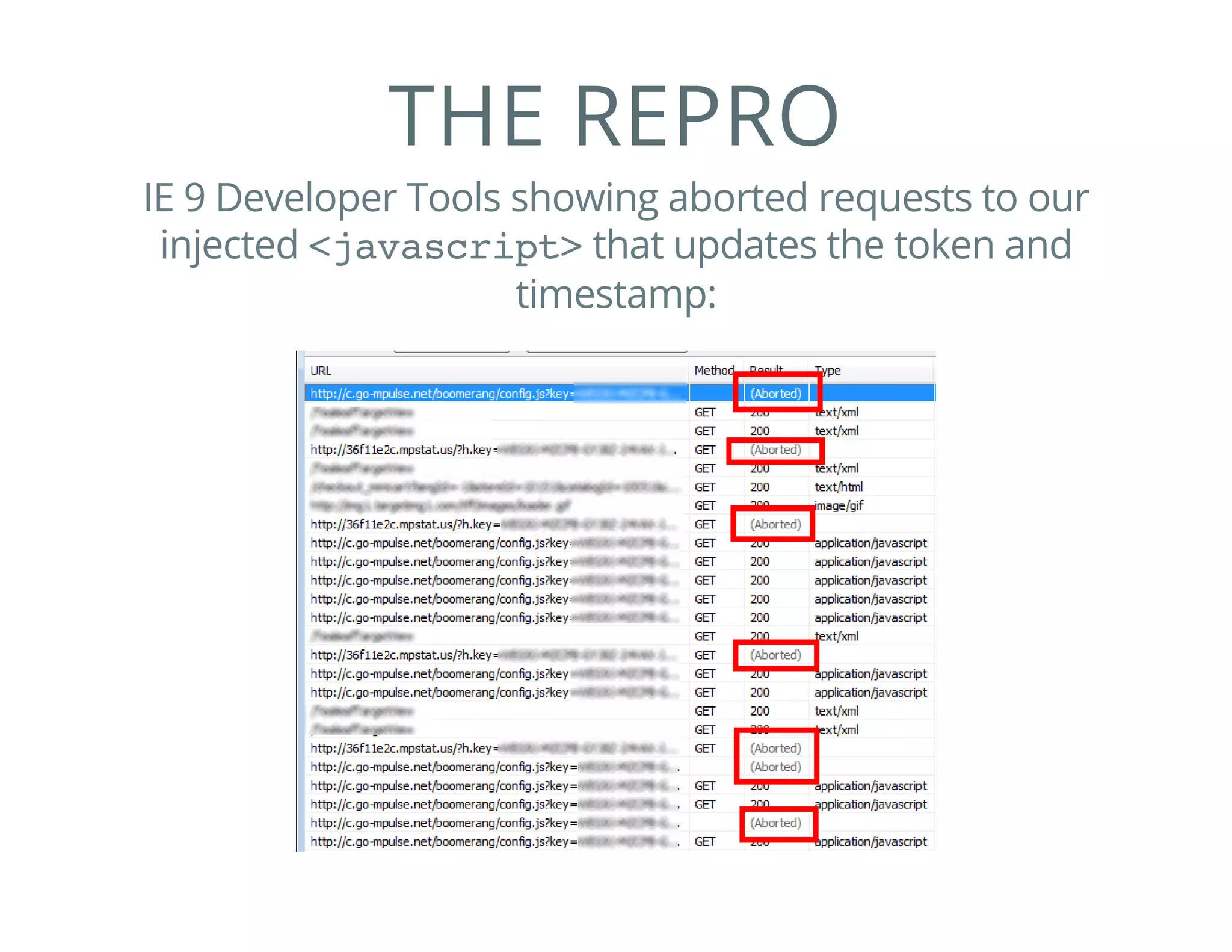 THE REPRO
IE 9 Developer Tools showing aborted requests to our
injected <javascript>that updates the token and
timestamp:
 