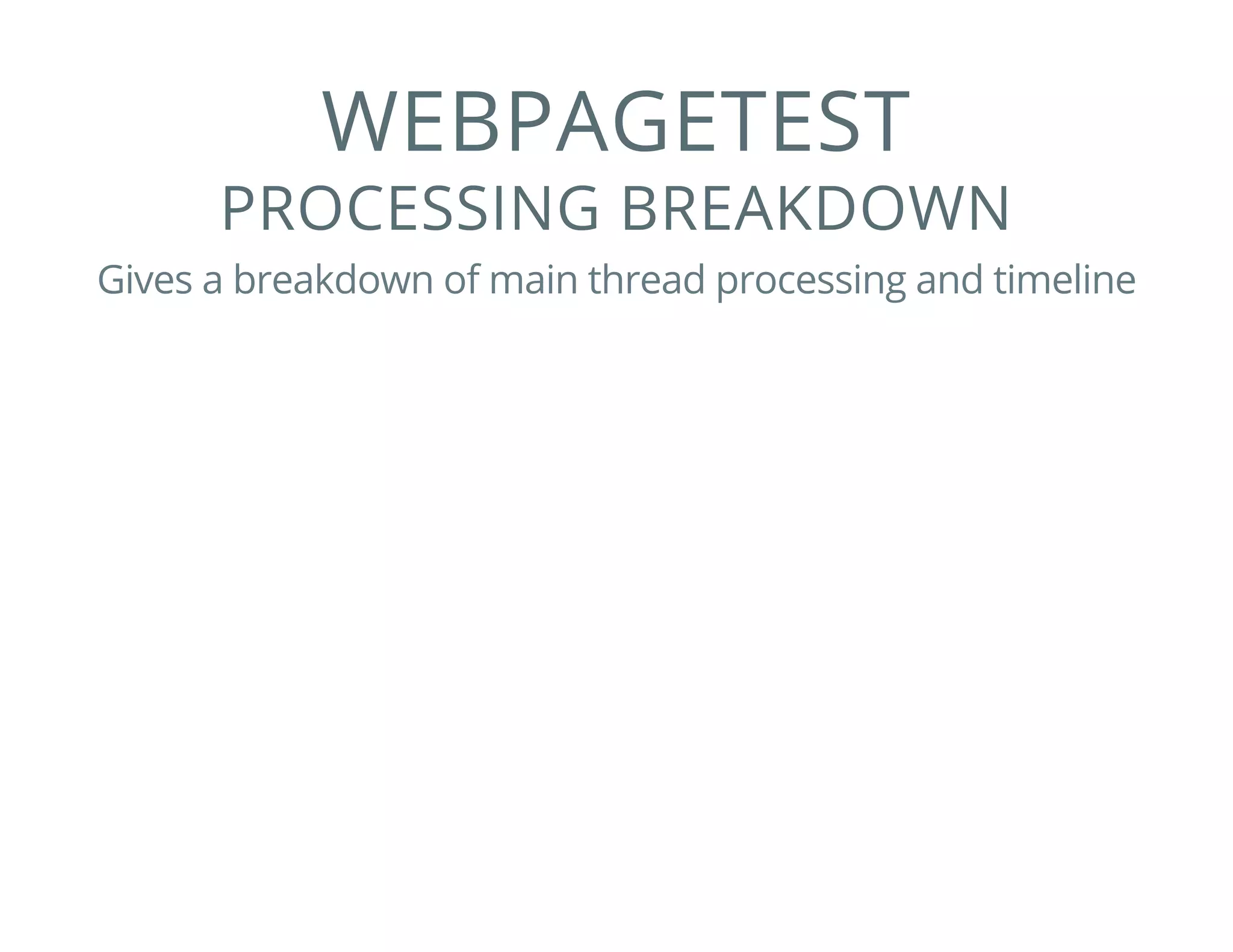 WEBPAGETEST
PROCESSING BREAKDOWN
Gives a breakdown of main thread processing and timeline
 