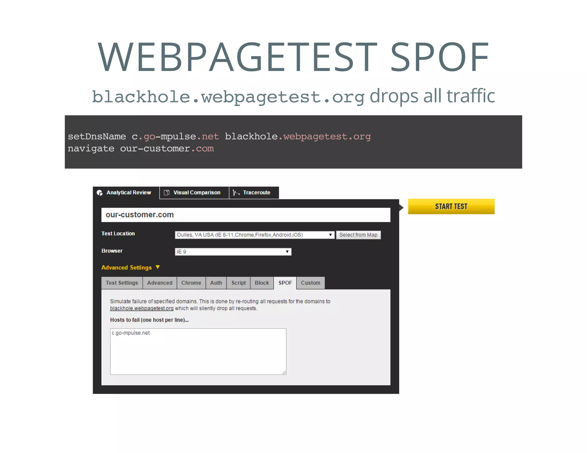 WEBPAGETEST SPOF
blackhole.webpagetest.orgdrops all traffic
setDnsNamec.go-mpulse.netblackhole.webpagetest.org
navigateour-customer.com
 