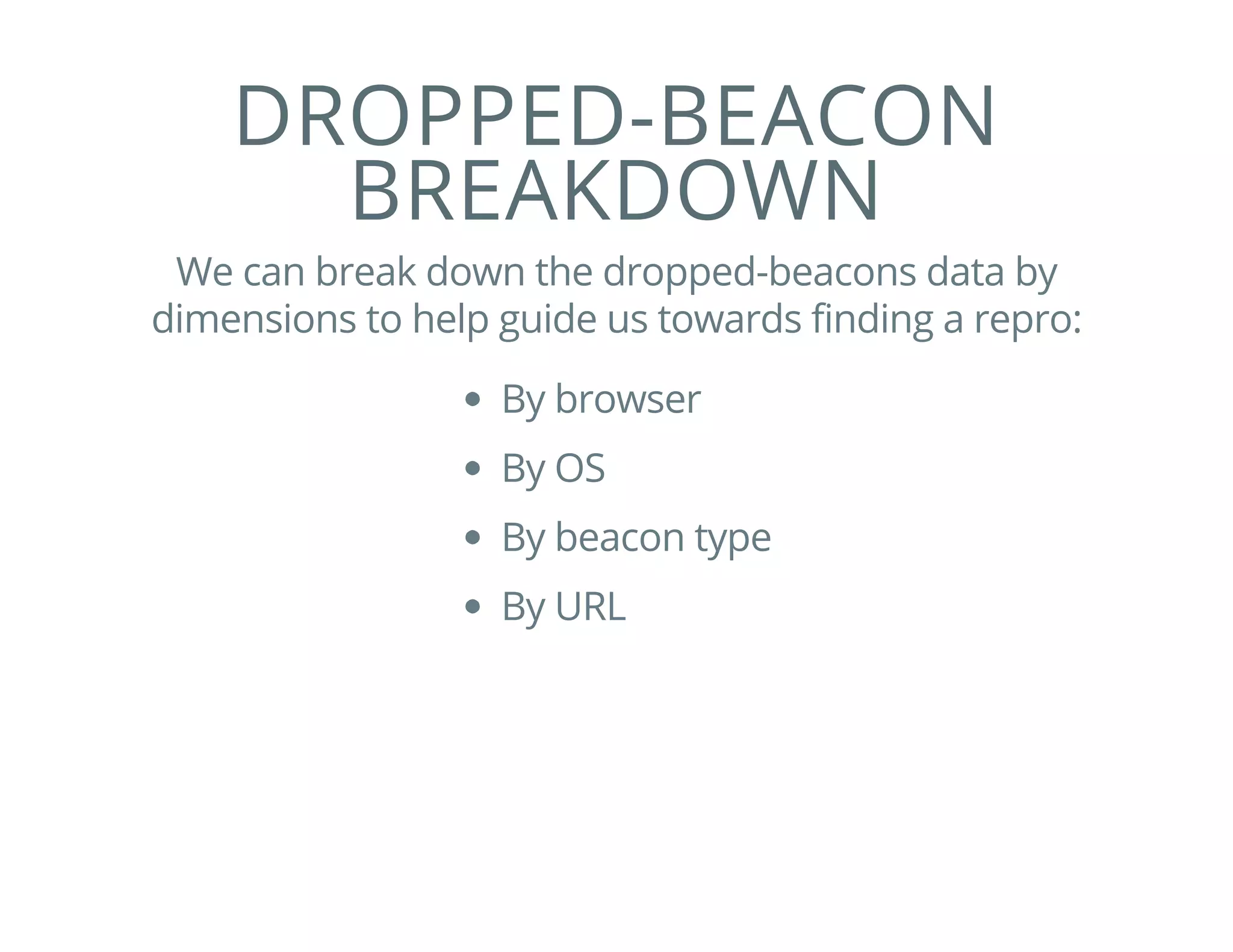 DROPPED-BEACON
BREAKDOWN
We can break down the dropped-beacons data by
dimensions to help guide us towards finding a repro:
By browser
By OS
By beacon type
By URL
 