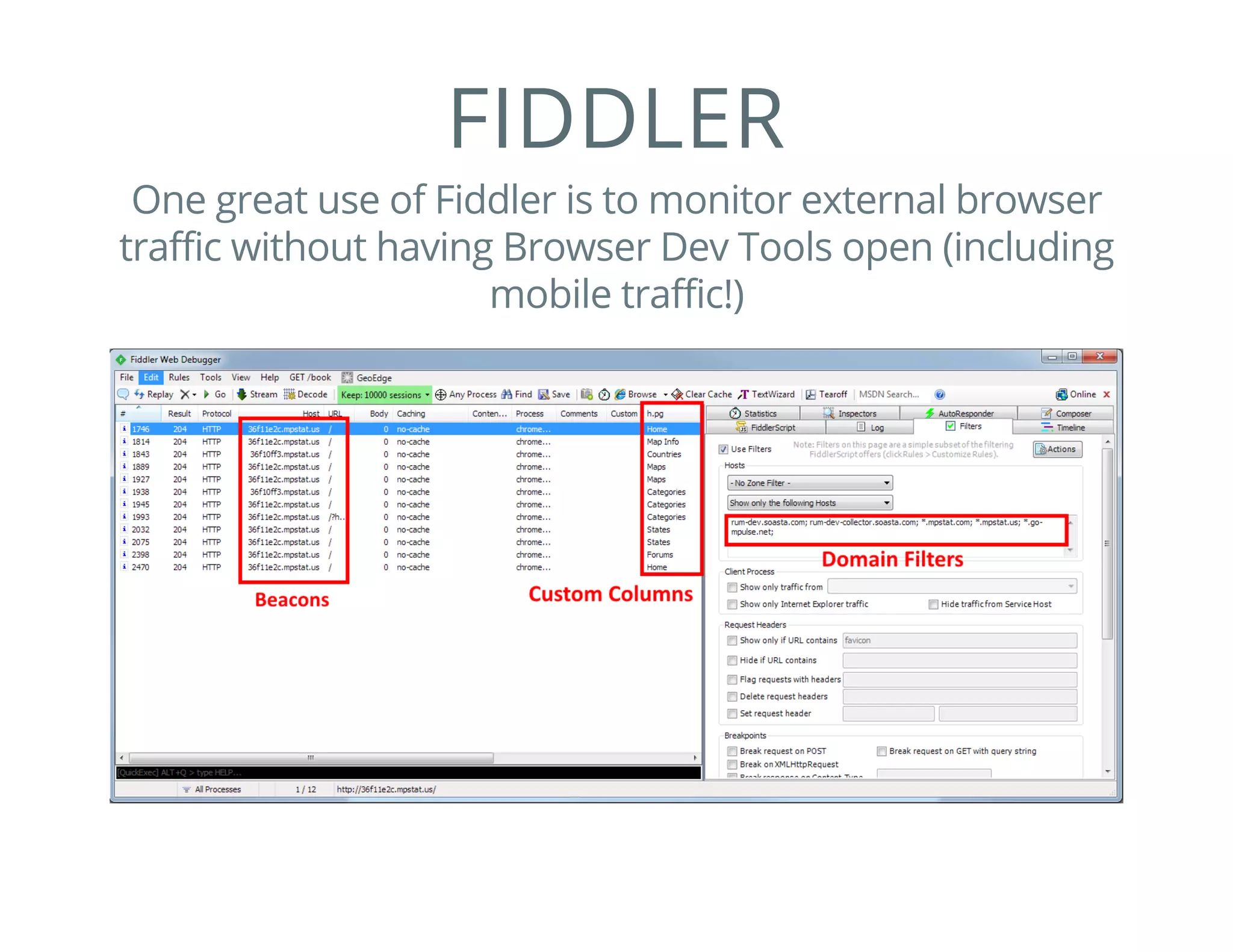 MONITORING PAGE
COMPONENTS
Use setTimeout(..., 0)or setImmediateto get a
callback after the browser has finished parsing some DOM
updates
varxhr=newXMLHttpRequest();
xhr.open("GET","/fetchstuff");
xhr.addEventListener("load",function(){
$(document.body).html(xhr.responseText);
setTimeout(function(){
varendTime=Date.now();
varduration=endTime-startTime;
},0);
});
varstartTime=Date.now();
xhr.send();
 