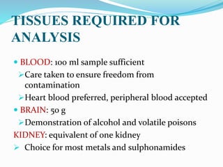 TISSUES REQUIRED FOR
ANALYSIS
 BLOOD: 100 ml sample sufficient
Care taken to ensure freedom from
contamination
Heart blood preferred, peripheral blood accepted
 BRAIN: 50 g
Demonstration of alcohol and volatile poisons
KIDNEY: equivalent of one kidney
 Choice for most metals and sulphonamides
 