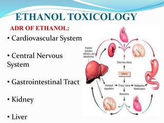 ETHANOL TOXICOLOGY
• Cardiovascular System
• Central Nervous
System
• Gastrointestinal Tract
• Kidney
• Liver
ADR OF ETHANOL:
 