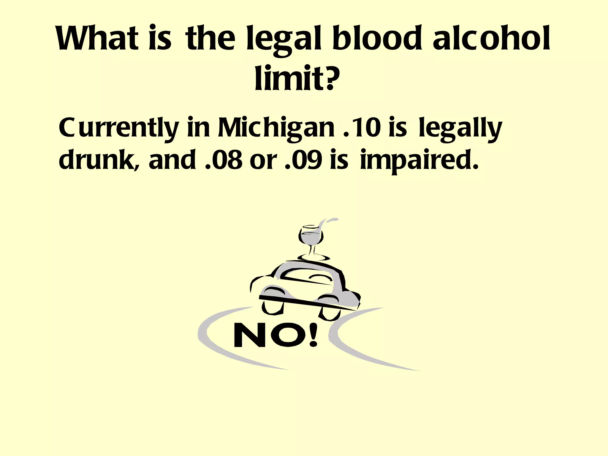 What is the legal blood alcohol limit?   Currently in Michigan .10 is legally drunk, and .08 or .09 is impaired. 