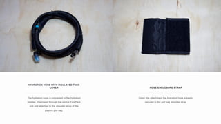 HYDRATION HOSE WITH INSULATED TUBE
COVER
The hydration hose is connected to the hydration
bladder, channeled through the central ForePack
unit and attached to the shoulder strap of the
players golf bag.
HOSE ENCLOSURE STRAP
Using this attachment the hydration hose is easily
secured to the golf bag shoulder strap
 