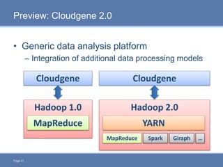 Page 21
Preview: Cloudgene 2.0
• Generic data analysis platform
– Integration of additional data processing models
Cloudgene
Hadoop 1.0
MapReduce
Cloudgene
Hadoop 2.0
YARN
MapReduce Spark Giraph …
 