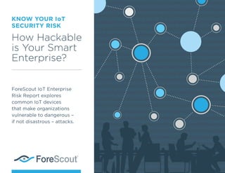 KNOW YOUR IoT
SECURITY RISK
How Hackable
is Your Smart
Enterprise?
ForeScout IoT Enterprise
Risk Report explores
common IoT devices
that make organizations
vulnerable to dangerous –
if not disastrous – attacks.
 