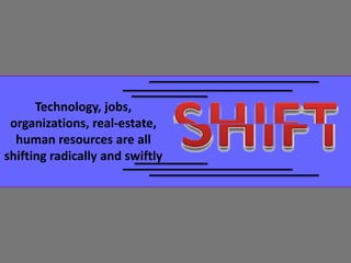 Technology, jobs,
organizations, real-estate,
human resources are all
shifting radically and swiftly
 