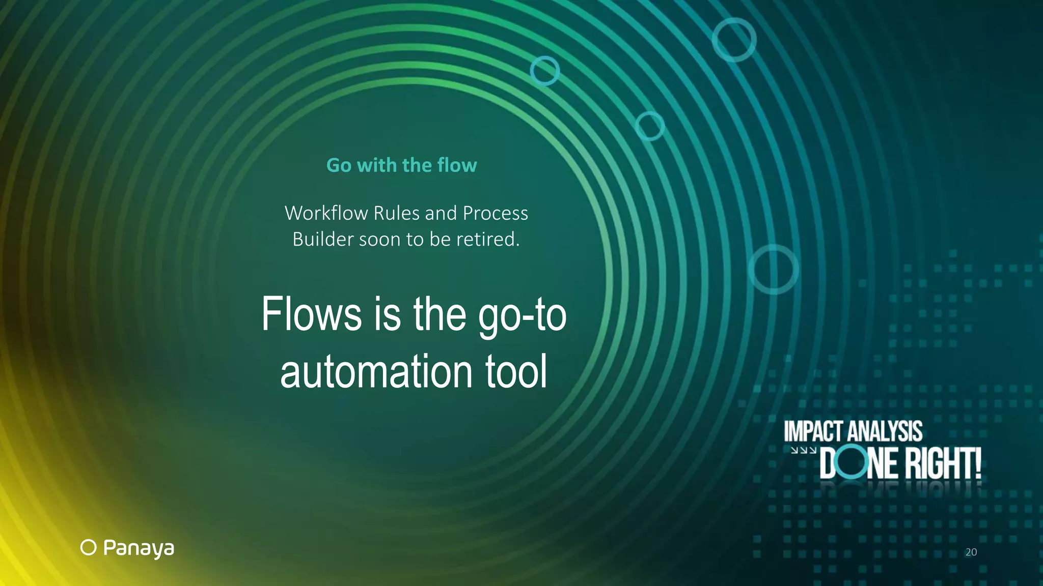 20
Workflow Rules and Process
Builder soon to be retired.
Go with the flow
Flows is the go-to
automation tool
 