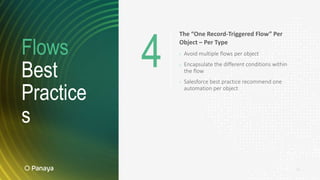 Flows
Best
Practice
s
The “One Record-Triggered Flow” Per
Object – Per Type
› Avoid multiple flows per object
› Encapsulate the different conditions within
the flow
› Salesforce best practice recommend one
automation per object
13
4
 