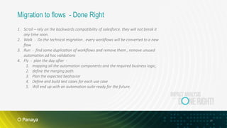 24
Migration to flows - Done Right
1. Scroll – rely on the backwards compatibility of salesforce, they will not break it
any time soon.
2. Walk - Do the technical migration , every workflows will be converted to a new
flow
3. Run - find some duplication of workflows and remove them , remove unused
automation.ad hoc validations
4. Fly - plan the day after -
1. mapping all the automation components and the required business logic,
2. define the merging path.
3. Plan the expected beahavior
4. Define and build test cases for each use case
5. Will end up with an automation suite ready for the future.
 