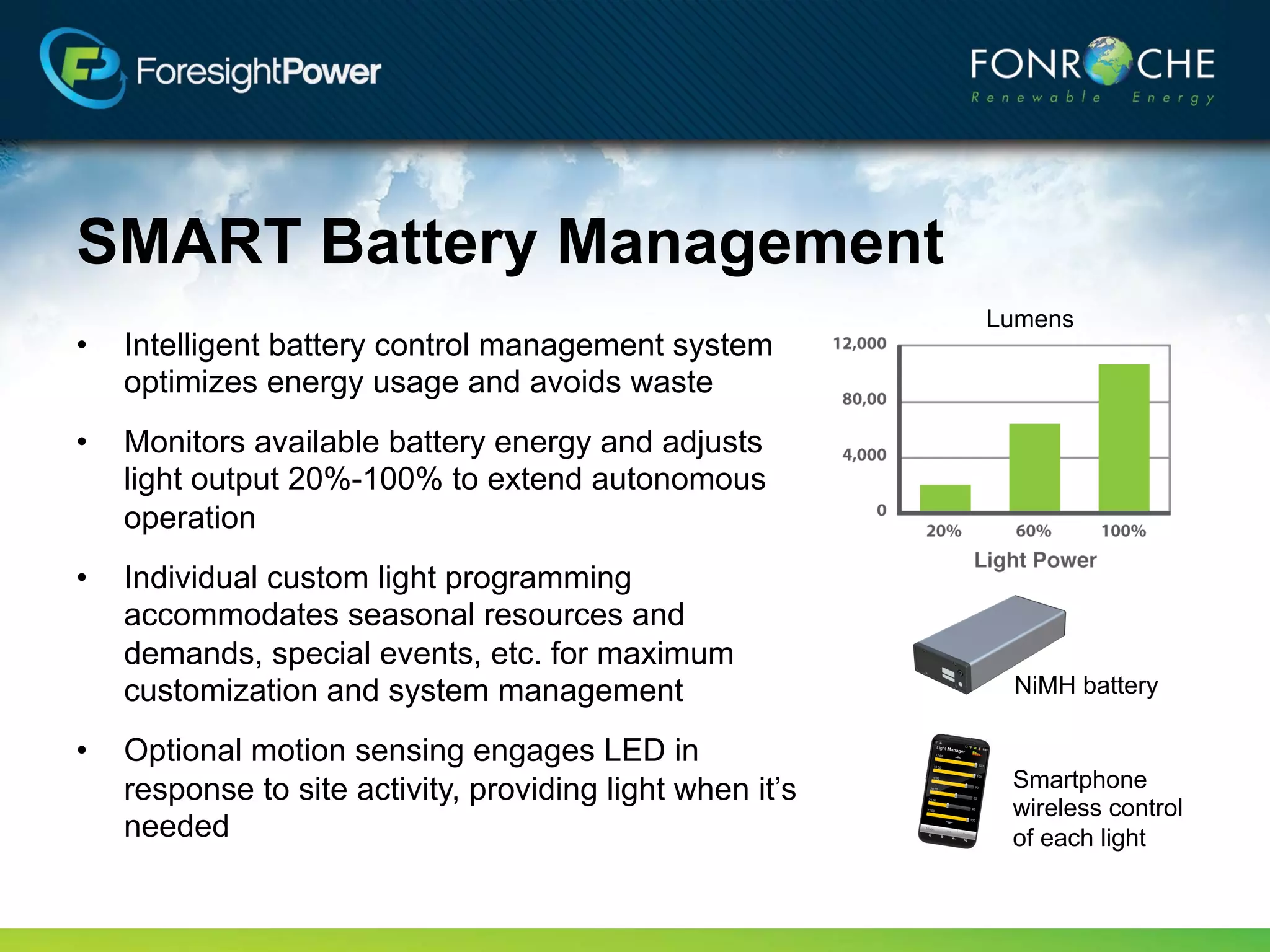 SMART Battery Management
                                                           Lumens
•   Intelligent battery control management system
    optimizes energy usage and avoids waste
•   Monitors available battery energy and adjusts
    light output 20%-100% to extend autonomous
    operation
•   Individual custom light programming
    accommodates seasonal resources and
    demands, special events, etc. for maximum
    customization and system management                     NiMH battery

•   Optional motion sensing engages LED in
    response to site activity, providing light when it’s    Smartphone
                                                            wireless control
    needed                                                  of each light
 